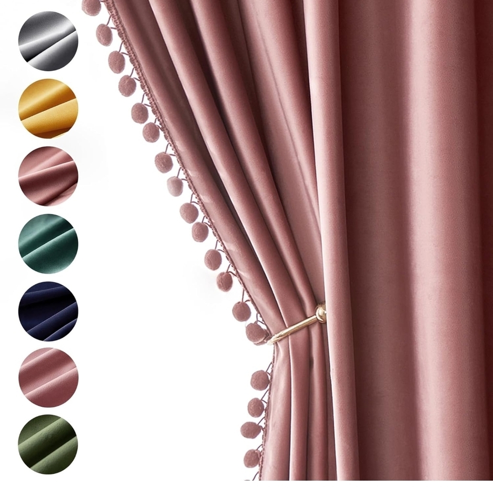 Elegant Pink Velvet Curtains with Pom-Pom Trim